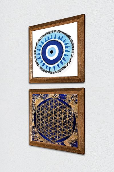Pinecone Evil Eye, Floarea Vieții Pictură pe perete din piatră Decor de perete cu rame din lemn Set de 2 picturi Artă de perete -W2-462-