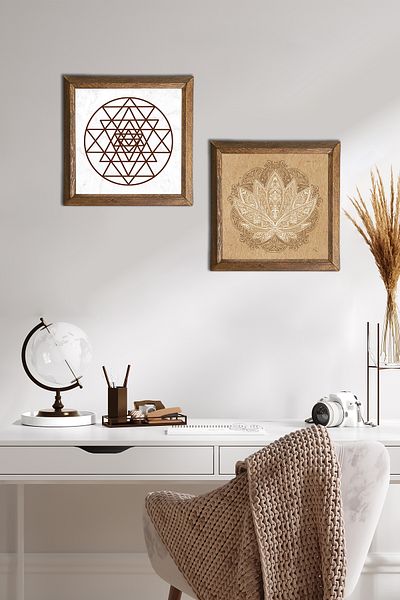 Pinecone Floarea Lotusului, Sri Yantra Pictură pe perete din piatră Decor de perete cu rame din lemn Set de pictură 2 piese -W2-467-