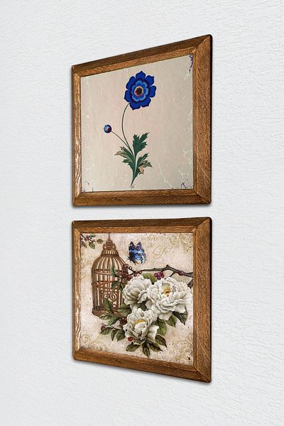 Pinecone Marbling Art, Butterfly Flower Stone Wall Painting with Wooden Frame Wall Decor Set of 2 Painting -W2-289-