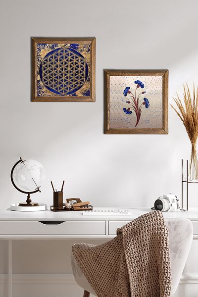 Pinecone Artă marmorată, Floarea vieții Pictură pe perete din piatră Decor de perete cu rame din lemn Set de pictură din 2 piese -W2-463-