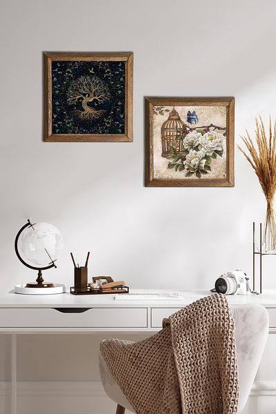 Pinecone Tree of Life, Flower with Butterfly Stone Wall Painting Wooden Framed Wall Decor Set of 2 Painting -W2-290-