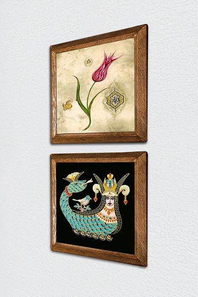 Pinecone Lalea, Pictură pe perete din piatră Şahmeran Decor de perete cu rame din lemn Set de pictură din 2 piese Artă de perete -W2-649-