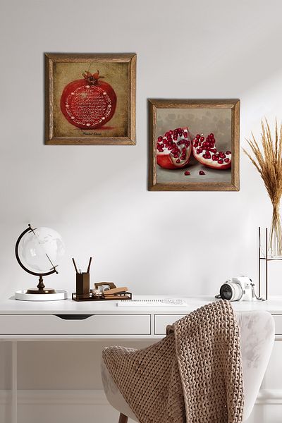 Pinecone Rugăciunea de abundență, pictură murală cu piatră de rodie, decor de perete cu rame din lemn, set de 2 picturi, artă de perete -W2-734-