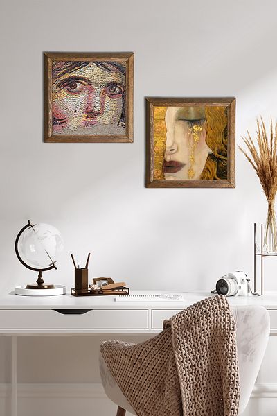 Pinecone Gypsy Girl, Gustav Klimt Golden Tears Stone Wall Painting Wood Framed Wall Decor -W2-364-