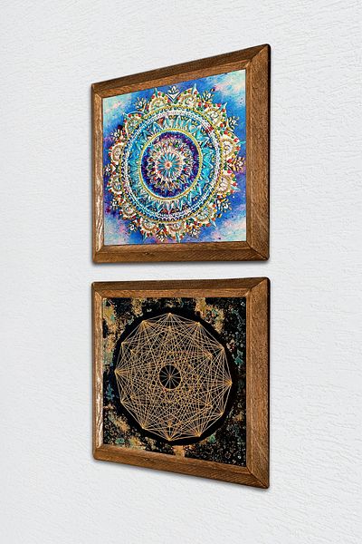 Pinecone Mandala, Sri Yantra Stone Wall Painting Ξύλινο πλαίσιο Διακόσμηση τοίχου Σετ ζωγραφικής 2 τεμαχίων Wall Art -W2-555-