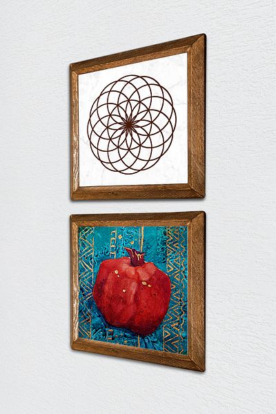 Pinecone Flower of Life, Pomegranate Stone Wall Painting with Wooden Frame Wall Decor Set of 2 Painting Wall Art -W2-117-