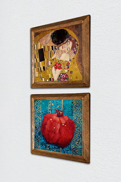 Pinecone The Kiss by Gustav Klimt, Pomegranate Stone Wall Painting with Wooden Frame Wall Decor 2 Piece Painting Set -W2-94-
