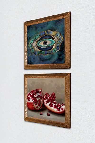 Pinecone Evil Eye, Pictură pe perete cu piatră de rodie Decor de perete cu rame din lemn Set de pictură din 2 piese Artă de perete -W2-759-