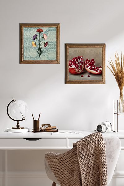 Pinecone Artă marmorată, pictură pe perete din piatră de rodie, decor de perete cu rame din lemn, set de pictură din 2 piese, artă de perete -W2-248-