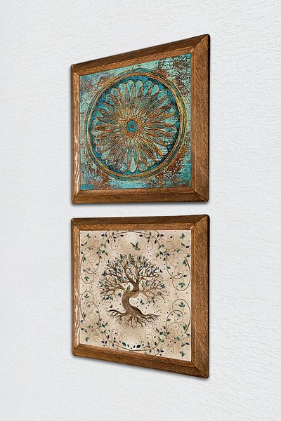Pinecone Flower of Life, Tree of Life Stone Wall Painting Wood Framed Wall Decor 2 Piece Painting Set -W2-209-