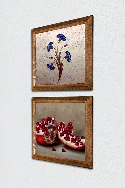 Pinecone Artă marmorată, pictură pe perete din piatră de rodie cu cadru din lemn Decor de perete Set de pictură din 2 piese Artă de perete -W2-247-