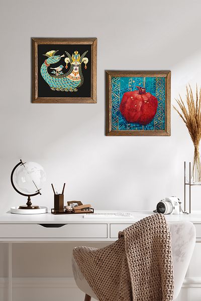Pinecone Şahmeran, Pomegranate Stone Wall Painting with Wooden Frame Wall Decor 2 Piece Painting Set Wall Art -W2-86-