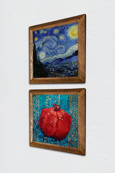 Pinecone Noaptea înstelată Van Gogh, pictură murală cu piatră de rodie, decor de perete cu rame din lemn, set de 2 picturi -W2-99-