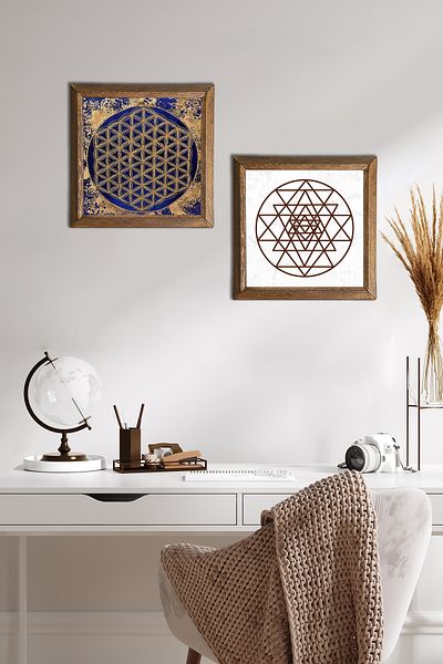 Pinecone Sri Yantra, Floarea Vieții Pictură pe perete din piatră Decor de perete cu rame din lemn Set de pictură 2 piese -W2-446-