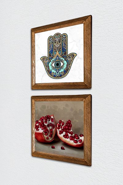 Pinecone Rodie, Fatma Ana Hand (Hamsa) Pictură pe perete din piatră Decor de perete cu rame din lemn Set de 2 picturi -W2-725-