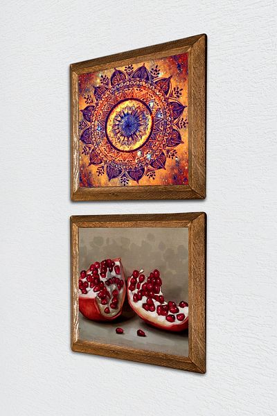 Pinecone Mandala, Pomegranate Stone Wall Painting with Wooden Frame Wall Decor 2 Piece Painting Set Wall Art -W2-244-