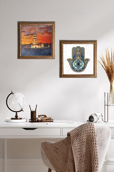 Pinecone Istanbul Maiden's Tower, Fatma Mother Hand (Hamsa) Stone Wall Painting Wall Decor with Wooden Frame -W2-25-