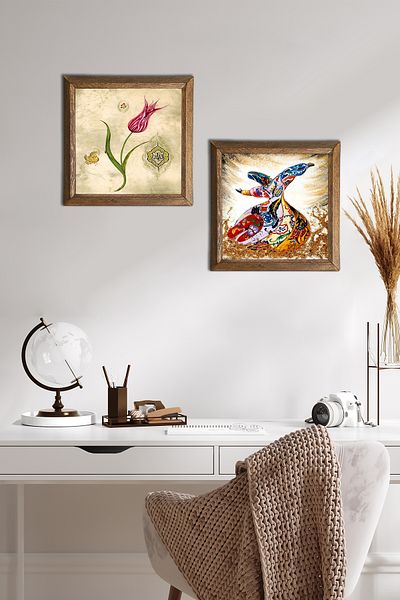 Pinecone Tulip, Whirling Dervish Stone Wall Painting Wood Framed Wall Decor 2 Piece Table Set Wall Art -W2-624-