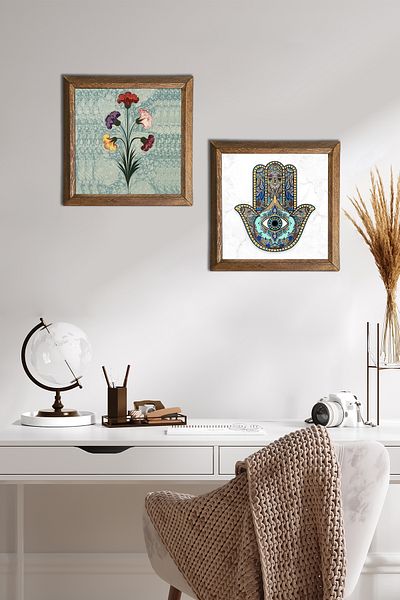 Pinecone Marbling Art, Fatma Mother Hand (Hamsa) Stone Wall Painting Wooden Framed Wall Decor 2 Piece Painting -W2-60-
