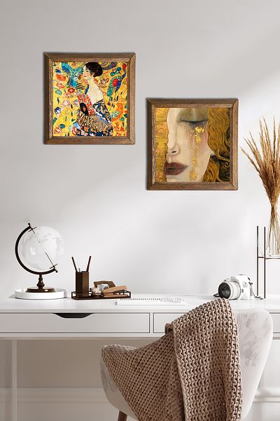 Pinecone Gustav Klimt Woman with Fan, Golden Tears Stone Wall Painting Framed Wall Decor -W2-367-