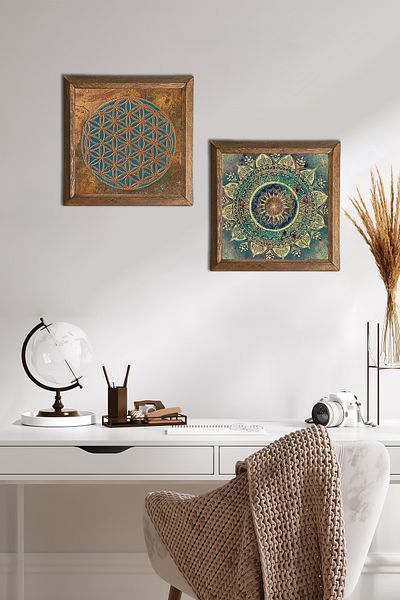 Pinecone Flower of Life, Mandala Stone Wall Painting Wood Framed Wall Decor 2 Piece Painting Set -W2-589-