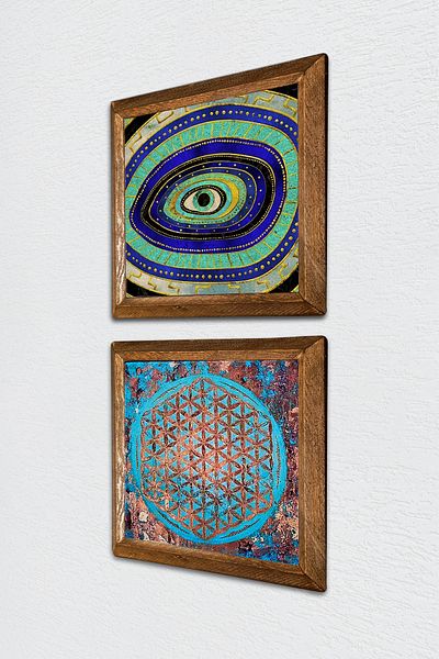 Pinecone Evil Eye, Flower of Life Stone Wall Painting Wooden Framed Wall Decor Set of 2 Painting Wall Art -W2-543-