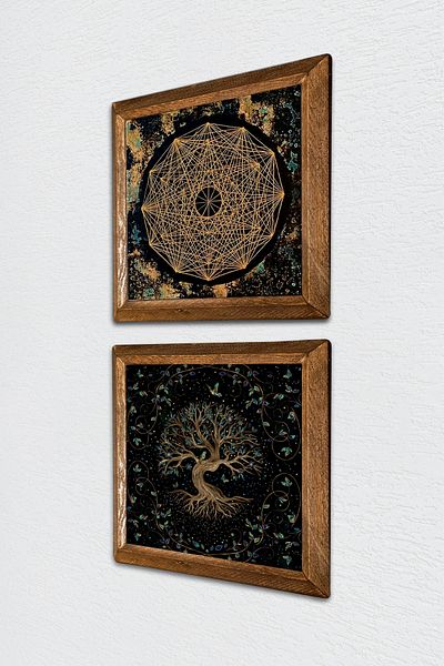 Pinecone Sri Yantra, Tree of Life Πέτρινη Ζωγραφική Τοίχου με Ξύλινο Πλαίσιο Διακόσμηση Τοίχου 2 τεμαχίων Σετ ζωγραφικής -W2-437-
