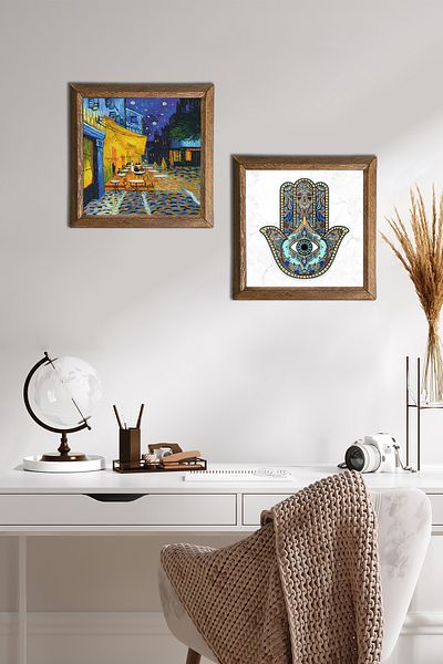 Pinecone Van Gogh Cafe Terrace at Night, Fatma Mother Hand (Hamsa) Stone Wall Painting Framed Wall Decor -W2-73-