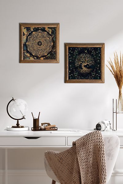 Pinecone Sri Yantra, Tree of Life Πέτρινη Ζωγραφική Τοίχου με Ξύλινο Πλαίσιο Διακόσμηση Τοίχου 2 τεμαχίων Σετ ζωγραφικής -W2-437-