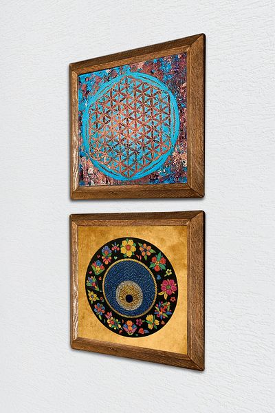 Pinecone Flower of Life, Evil Eye Stone Wall Painting Wooden Framed Wall Decor Set of 2 Painting Wall Art -W2-414-