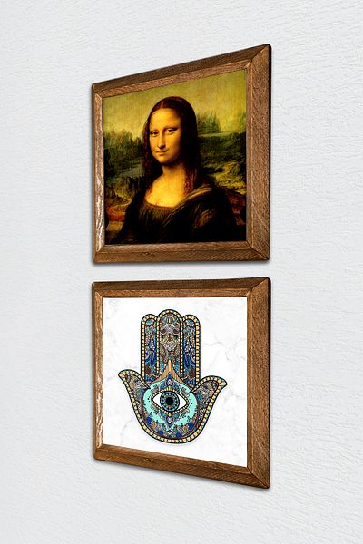 Pinecone Leonardo Da Vinci Mona Lisa, Fatima Mother Hand (Hamsa) Stone Wall Painting Framed Wall Decor -W2-10-