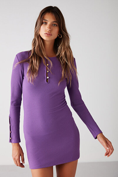 GRIMELANGE Cutıe Women's Ribbed Flexible Fabric Bodycon Fit Metal Buttoned Mini Dress