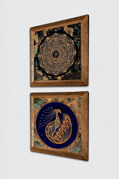 Pinecone Sri Yantra, Peacock Stone Wall Painting Ξύλινο πλαίσιο Διακόσμηση τοίχου 2 τεμαχίων Σετ ζωγραφικής -W2-525-