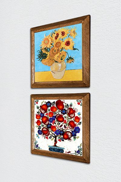 Pinecone Van Gogh Twelve Sunflowers Vase, Pomegranate Tree Stone Wall Painting Wood Framed Wall Decor -W2-191-