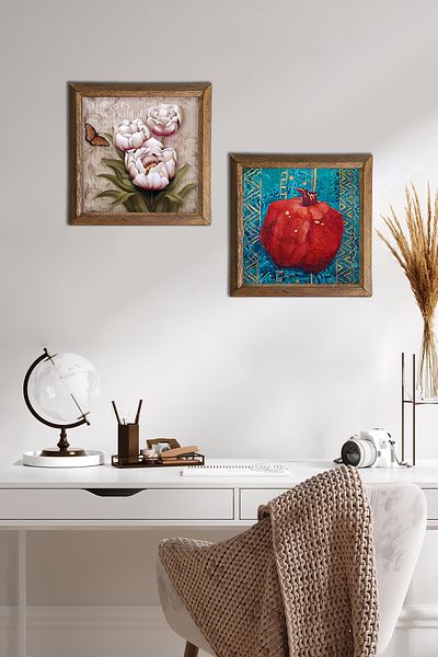Pinecone Butterfly Flower, Pomegranate Stone Wall Painting Wood Framed Wall Decor 2 Piece Table Set -W2-89-