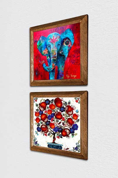 Pinecone Elephant, Pomegranate Tree Stone Wall Painting with Wooden Frame Wall Decor 2 Piece Painting Set Wall Art -W2-179-