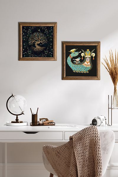 Pinecone Tree of Life, Shahmeran Stone Wall Painting Wood Framed Wall Decor 2 Piece Painting Set -W2-250-