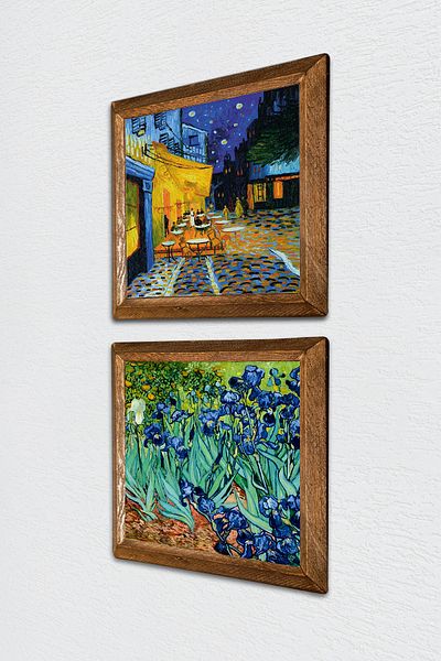 Pinecone Van Gogh Cafe Terrace at Night, Irises Stone Wall Painting Wood Framed Wall Decor -W2-386-