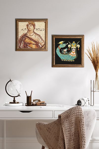 Pinecone Mosaic of Soteria, Shahmeran Stone Wall Painting with Wooden Frame Wall Decor 2 Piece Painting Set -W2-240-