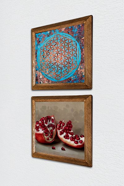 Pinecone Flower of Life, Pomegranate Stone Wall Painting with Wooden Frame Wall Decor Set of 2 Painting Wall Art -W2-756-
