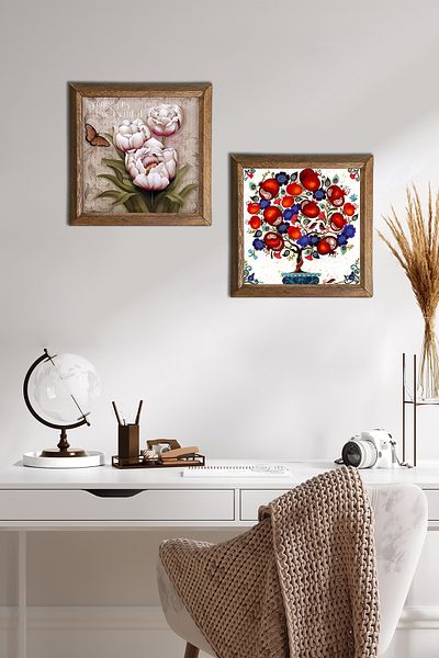 Pinecone Flower with Butterfly, Pomegranate Tree Stone Wall Painting Wooden Framed Wall Decor Set of 2 Painting -W2-147-