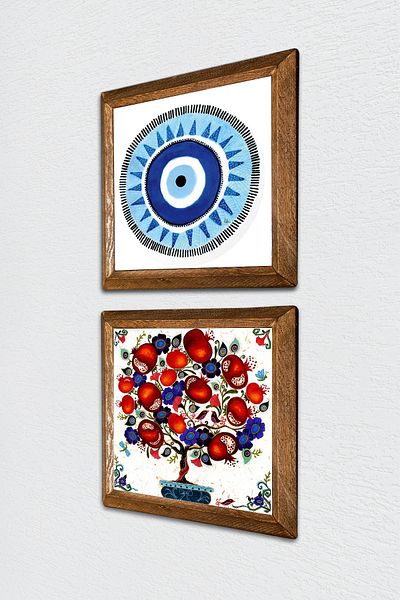 Pinecone Evil Eye, Pomegranate Tree Stone Wall Painting Wooden Framed Wall Decor 2 Piece Painting Set Wall Art -W2-187-