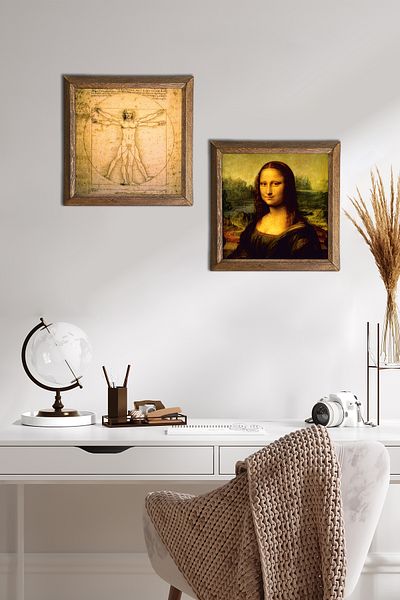 Pinecone Leonardo Da Vinci Mona Lisa, Vitruvian Man Stone Wall Painting Wood Framed Wall Decor -W2-322-