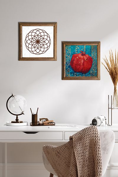 Pinecone Flower of Life, Pomegranate Stone Wall Painting with Wooden Frame Wall Decor Set of 2 Painting Wall Art -W2-117-
