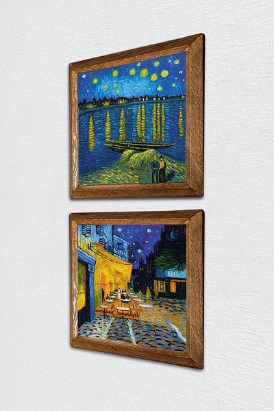 Pinecone Van Gogh Rhine River, Cafe Terrace at Night Stone Wall Painting Wall Decor with Wood Frame -W2-395-