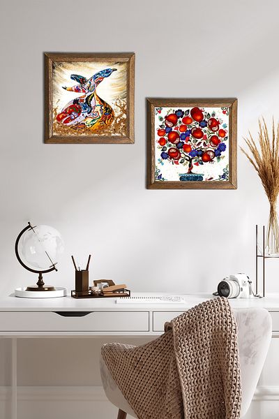 Pinecone Whirling Dervish, Pomegranate Tree Stone Wall Painting with Wooden Frame Wall Decor Set of 2 Painting Wall Art -W2-708-