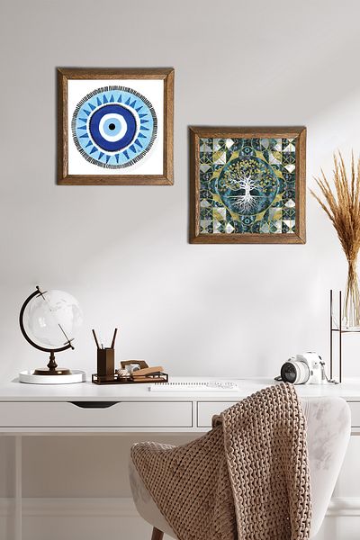 Pinecone Evil Eye, Tree of Life Stone Wall Painting Wooden Framed Wall Decor Set of 2 Painting Wall Art -W2-593-