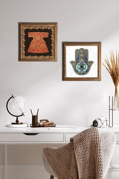 Pinecone Hırka-i Şerif, Fatma Ana Eli (Hamsa) Stone Wall Painting Wall Decor with Wooden Frame -W2-53-