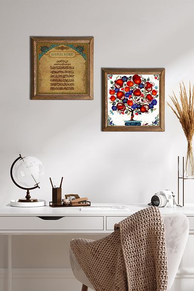 Pinecone Verset-coroană, pictură pe perete din piatră de pom de rodie, decor de perete cu rame din lemn, set de pictură din 2 piese -W2-154-