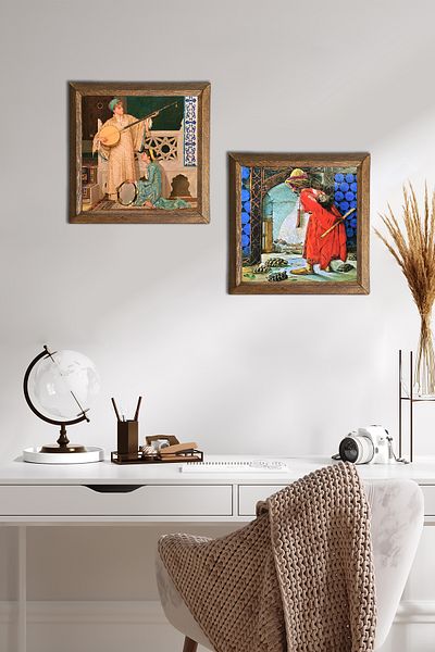 Pinecone Turtle Trainer, Two Musicians Girl Painting Stone Wall Painting Framed Wall Decor -W2-335-